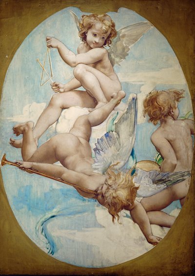 Oval Panels in the Grand Foyer Show Putti with Musical Instruments: Trumpet, Triangle and Cymbals by Paul Baudry
