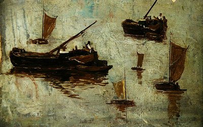 Two Barges and Four Small Sailing Boats on the Water by Paul Baum