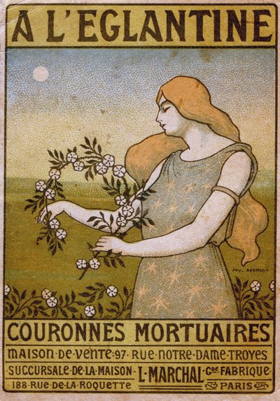Lifestyle. To the Wild Rose, Funeral Wreath Trading, Florist. Advert by Paul Berthon, France, c.1900 by Paul Berthon