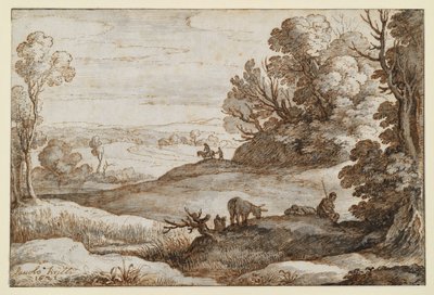 Hilly Landscape with Trees and View, Two Men and a Donkey in the Foreground by Paul Bril