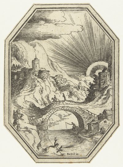 Landscape with Stone Bridge in Octagonal Frame by Paul Bril