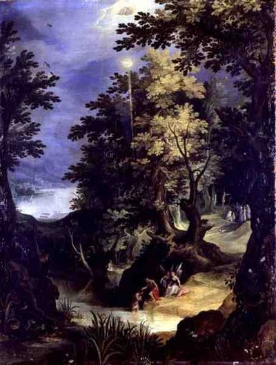 Landscape Depicting the Baptism of Christ and the Baptism Sermon by Paul Brill or Bril