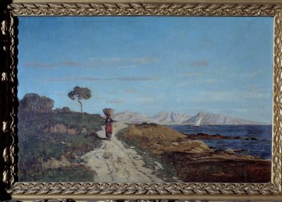 Around Marseille in 1866: Sea Landscape with Woman Carrying a Basket on Her Head and Walking on a Road by Paul Camille Guigou