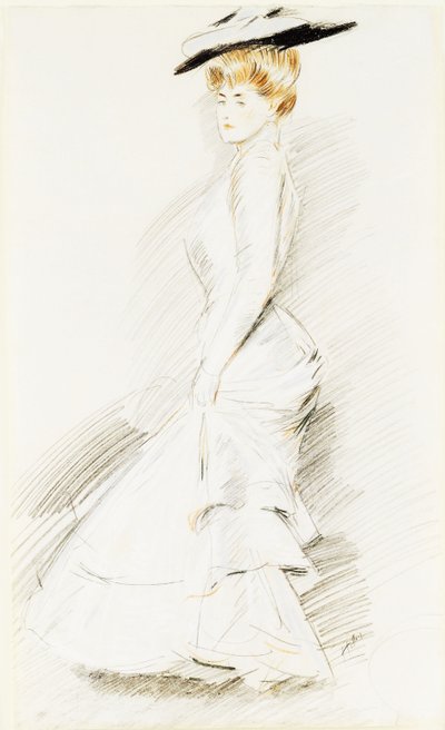 An Elegant Lady in a White Dress by Paul Cesar Helleu