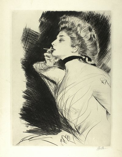 Half-Length Portrait of a Seated Woman, Smoking a Cigarette, Facing Left by Paul Cesar Helleu