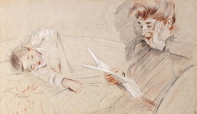 Madame Helleu Reading, with Paulette Lying Beside Her on a Sofa by Paul Cesar Helleu