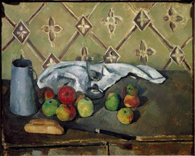 Fruits, napkin and milk box by Paul Cézanne