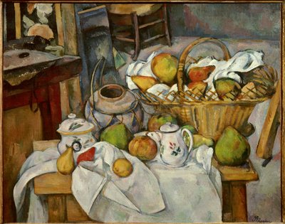 The Still Life kitchen table of a fruit basket poses on a table. Painting by Paul Cezanne by Paul Cézanne