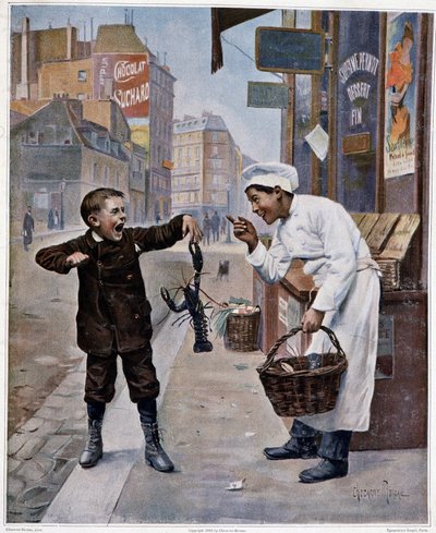 Young cook making fun of a kid pinched by a lobster - drawing by Chocarne-Moreau by Paul Charles Chocarne Moreau