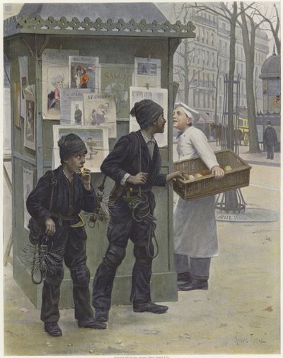 Two young chimney sweeps stealing cakes from a baker