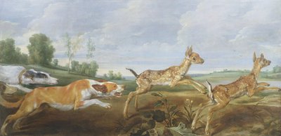 A hunting scene: dogs chasing two fauns by Paul De Vos