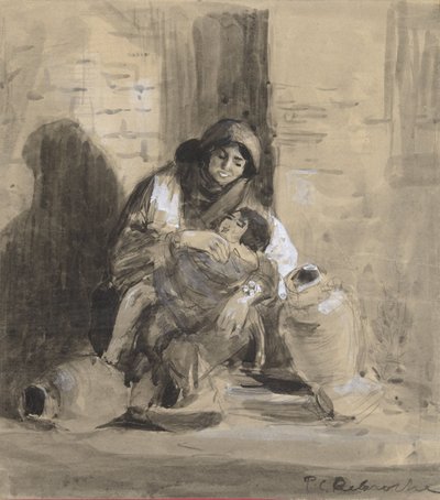 Seated Jewish Woman from Gaza, with Her Child and Two Large Jugs by Paul Delaroche