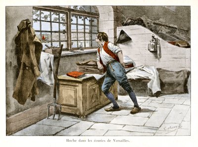 Rattle in the stables of Versailles: Lazare Hoche (1768-1797) entered the royal stables at 14 years old as supernumerary assistant - Illustration by Emile Boutigny (1853-1929) In "Hoche-Marceau-Desaix" by Theodore Cahu (1854-1928) - Private collection by Paul Émile Boutigny