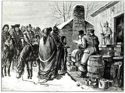 Reservation Indians receiving rations from government agents by Paul Frenzeny