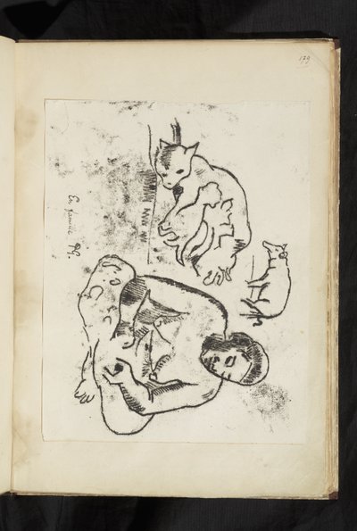 Before and After - Seated woman, cat with kittens and a pig by Paul Gauguin