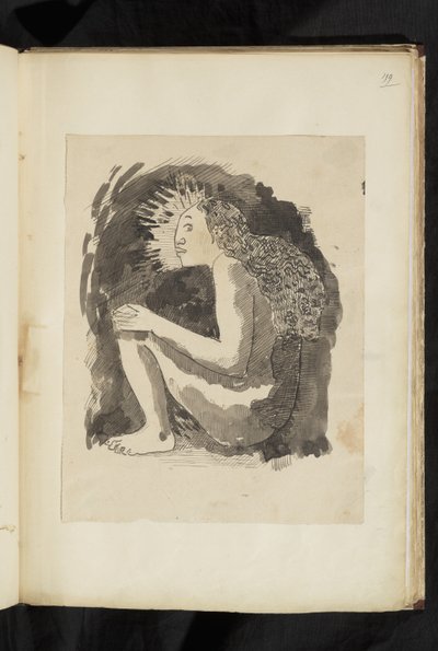 Avant et après - drawing of a nude native woman seated, in profile, her knees drawn up by Paul Gauguin