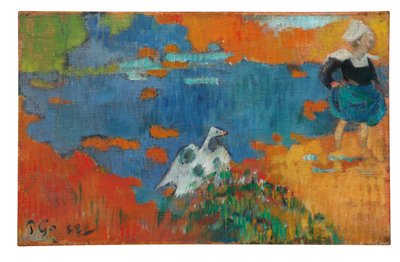 Breton girl and a goose at the water