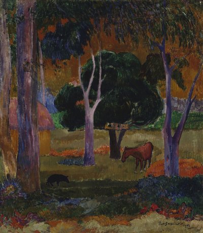 Hiva Oa Landscape with a Pig and a Horse by Paul Gauguin