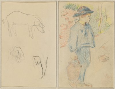 Three Studies of a Pig; Breton Boy Walking with a Jug by Paul Gauguin