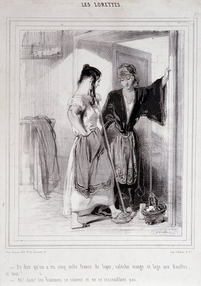 2 poor women in conversation on the stairs about men, “Les Lorettes”, Gavarni, c. 1840 by Paul Gavarni