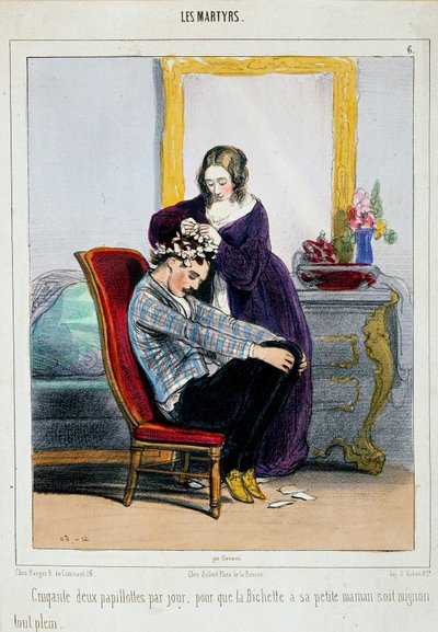 A mother puts curlers on her son by Paul Gavarni