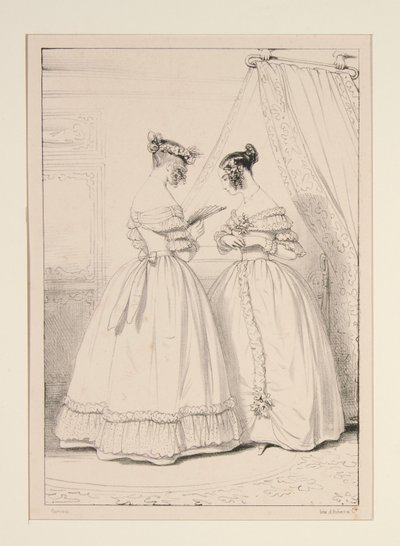 JANUARY 1838. Dress in crepe trimmed with a flounce of puffed tulle. by Paul Gavarni
