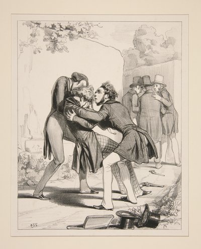 Mr Amedee, very strong with the pistol, received a bullet in the eye... by Paul Gavarni
