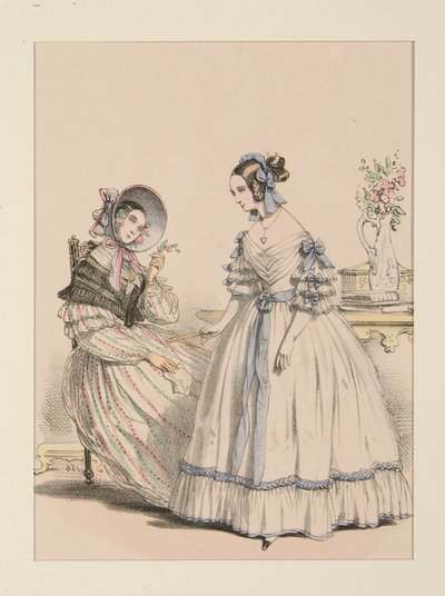 November 1838. Dress in Goat Hair Scarf with Pearl Stripes by Paul Gavarni