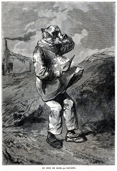 The month of March: representation of a man holding a bellows in one hand and his hat in the other, his clothes raised by the breath of the wind by Paul Gavarni
