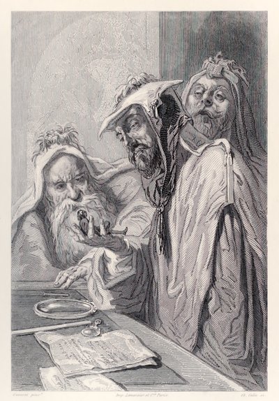 The Scientists of Lordbruldrud Examine Gulliver, from French Edition of Gulliver