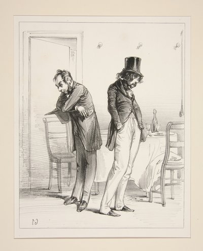 A Private Room. The waiter said a pink hat, a veil, a black shawl... by Paul Gavarni