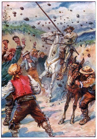 They pelted Don Quixote with a shower of stones, illustration from 