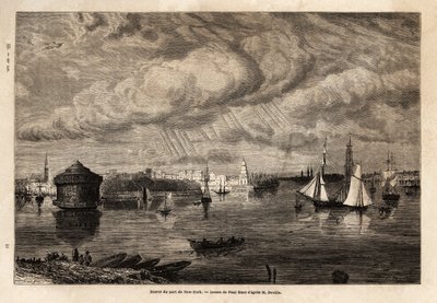 The entrance to the port of New York, drawing by Paul Huet, to illustrate the voyages to North America in 1854-1855, by L. Deville. Engraving in 