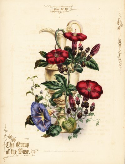 Bouquet of scarlet ipomoea and blue morning glory with vase by Paul Jerrard