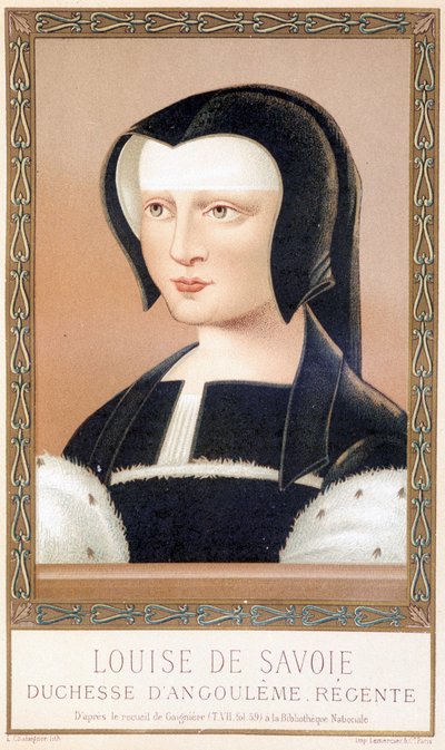 Portrait of Louise de Savoie (1476-1531), Duchess of Angouleme and Regent of France. Chromolithography from 