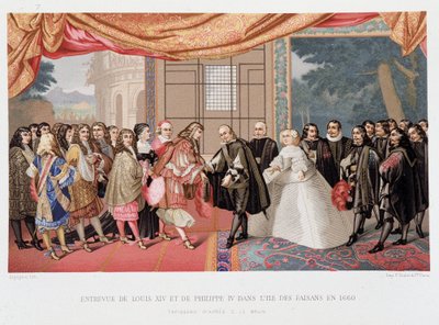 Thirty Years War: Interview of the King of France Louis XIV and Philip IV of Spain on the Island of Paisans on 7/11/1659. Spain Agrees to Sign the Treaty of the Pyrenees. The Daughter of Philip IV, Marie Therese by Paul Lacroix