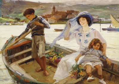 A Mother and Child Being Ferried Across a River with a Town Beyond by Paul Michel Dupuy