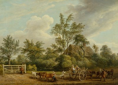A Hay Cart with Farm Labourers and Cattle near Easton Park, Suffolk by Paul Sandby