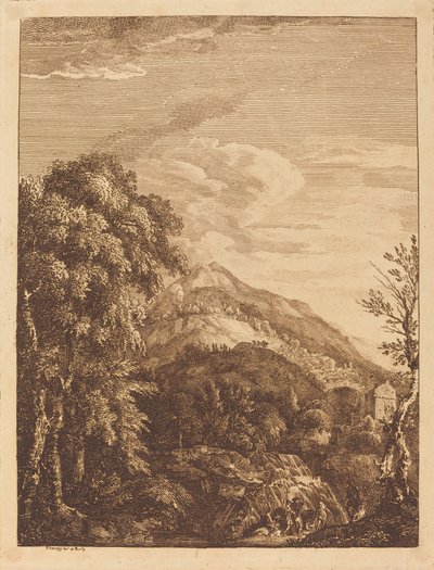 Mountainous Landscape with a Waterfall, Round Tower, Castle, and Banditti by Paul Sandby