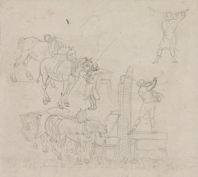 Studies of a carter pumping water for his horses by Paul Sandby