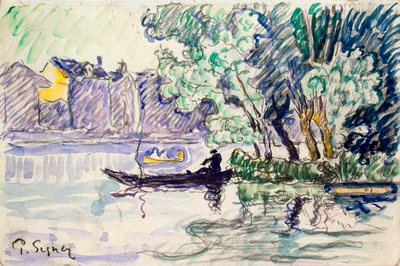 Fisherman in a Boat Near a Bank of the Seine by Paul Signac