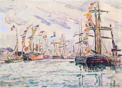 Sailboats with Holiday Flags at a Pier in Saint-Malo by Paul Signac