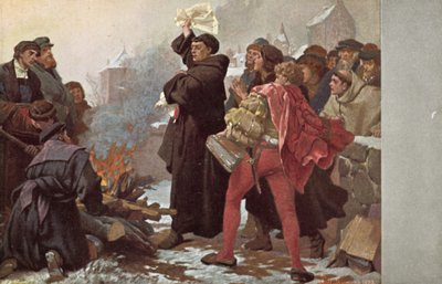 Martin Luther Burning the Papal Bull Threatening Him with Excommunication Before the Elstertor at Wittenberg, Germany, 10 December 1520 by Friedrich Paul Thumann