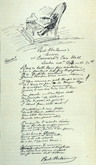 Poem sign of the French poet Paul Verlaine (1844-1896) with sketch of the representative during a reading. 21/11/1893 by Paul Verlaine