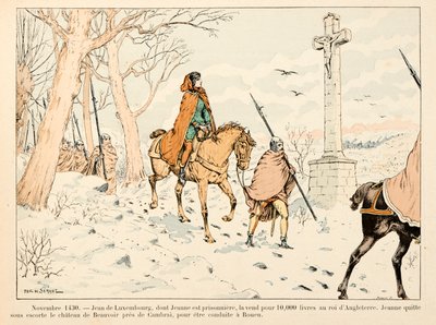 Illustration taken from the book Joan of Arc by Theodore Cahu and illustrated by Paul De Semant: November 1430 Jean de Luxembourg sells Joan of Arc to the King of England for 10,000 pounds; she leaves the castle of Beauvoir to be taken to by Paul de Semant