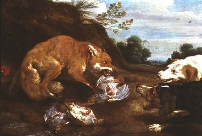 Fox and hounds fighting over partridges by Paul De Vos