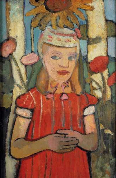 Girl in red dress in front of sunflower, 1907 by Paula Modersohn Becker