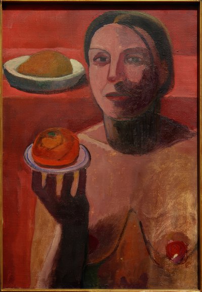 Half-Nude Italian Woman with Plate in Raised Hand by Paula Modersohn Becker