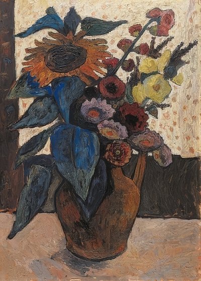 Still Life with Sunflowers, Hollyhocks, and Dahlias by Paula Modersohn Becker