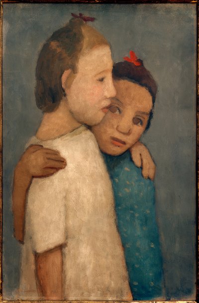 Two Girls in White and Blue Dress, Leaning on the School by Paula Modersohn Becker
